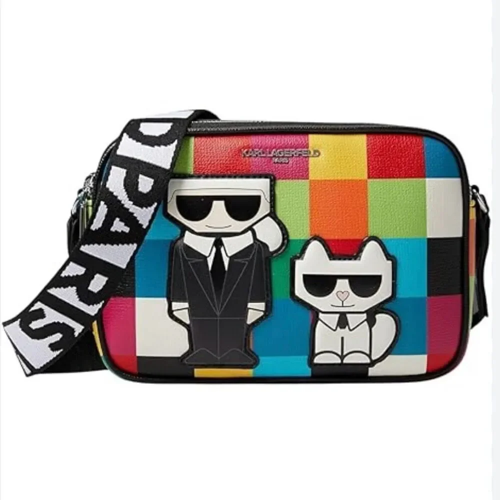 NWT Rare KARL LAGERFELD Cat Maybelle Camera Multi Color Crossbody Bag Gift  Box